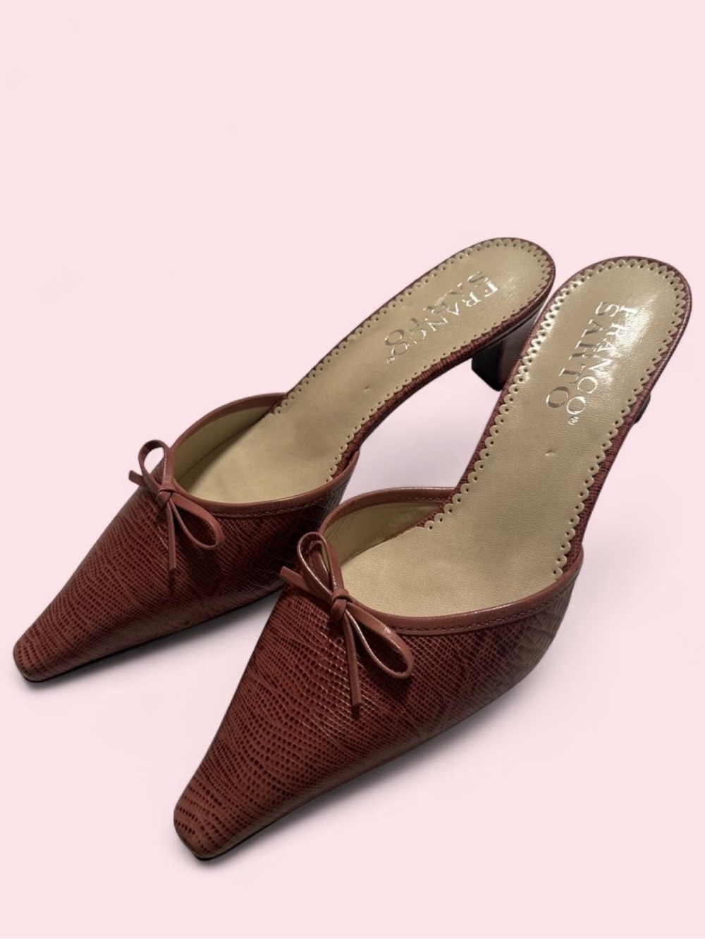 Franco Sarto Rust Brown Pointed-Toe Bow Mule Heels